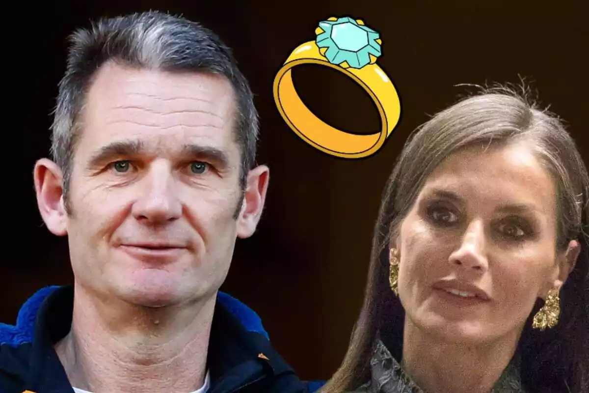 Montaje de Iñaki Urdangarin sonriendo con una chaqueta azul, Letizia seria con pendientes dorados y un anillo con diamante