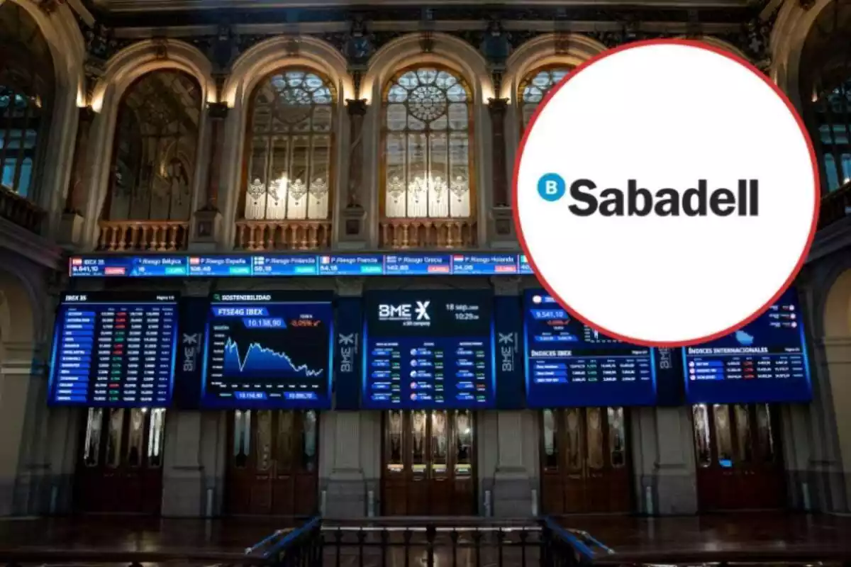 Imagen general de la Bolsa con datos y en el círculo el logo del Banco Sabadell