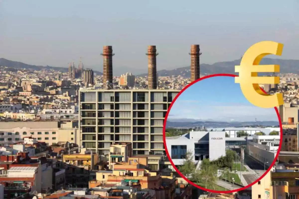 Montaje con una imagen de Barcelona con las chimeneas industriales, la empresa Noucor y el signo de euro