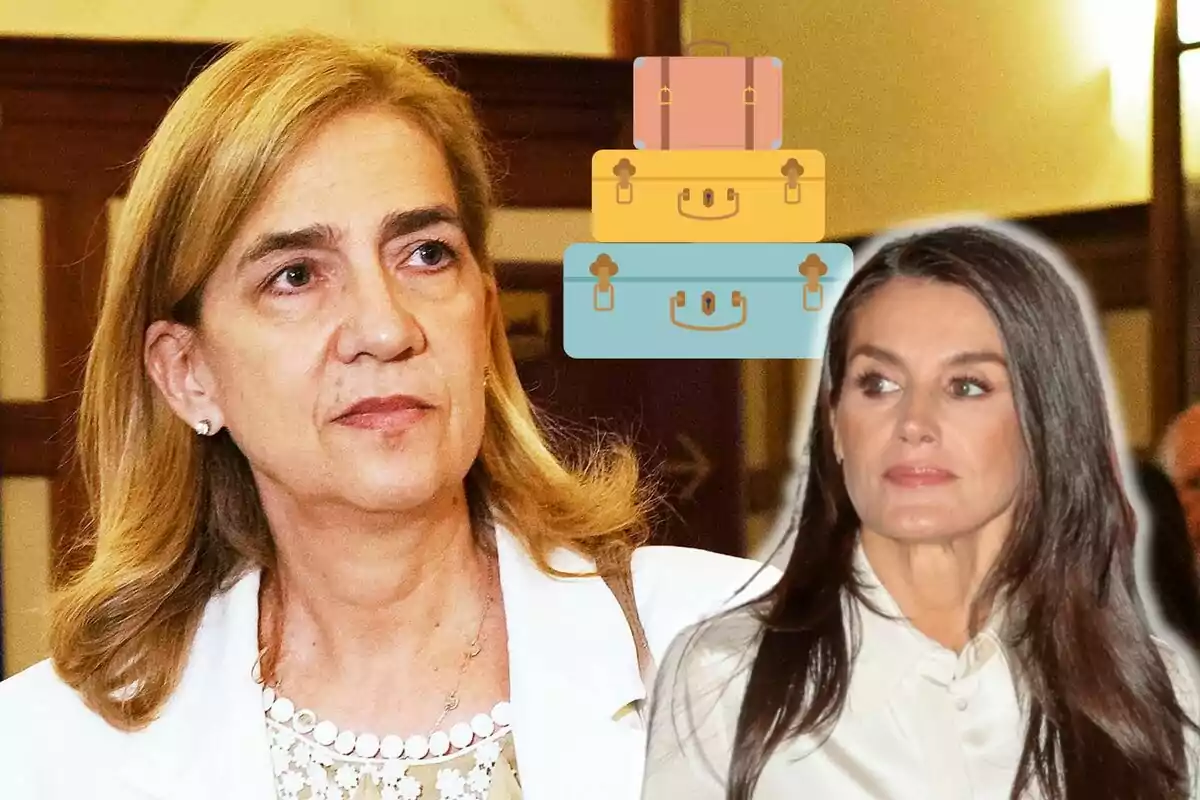 La infanta Cristina y Letizia en un entorno interior con un gráfico de maletas apiladas en el fondo.