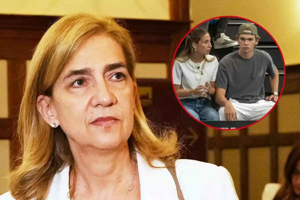 La infanta Cristina con expresión seria en primer plano, con una imagen circular insertada en la esquina superior derecha que muestra a Olympia Beracasa y Miguel Urdangarin sentada, la mujer lleva una camiseta blanca y el hombre una camiseta gris y gorra verde.