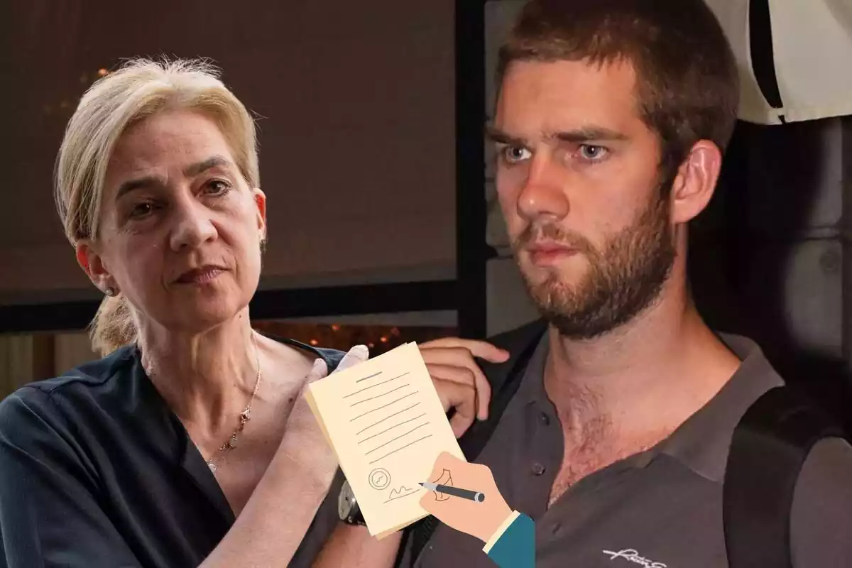 Montaje con la infanta Cristina seria con el pelo recogido y una mano en el hombro, Juan Urdangarin seria con una mochila y una mano firmando un documento