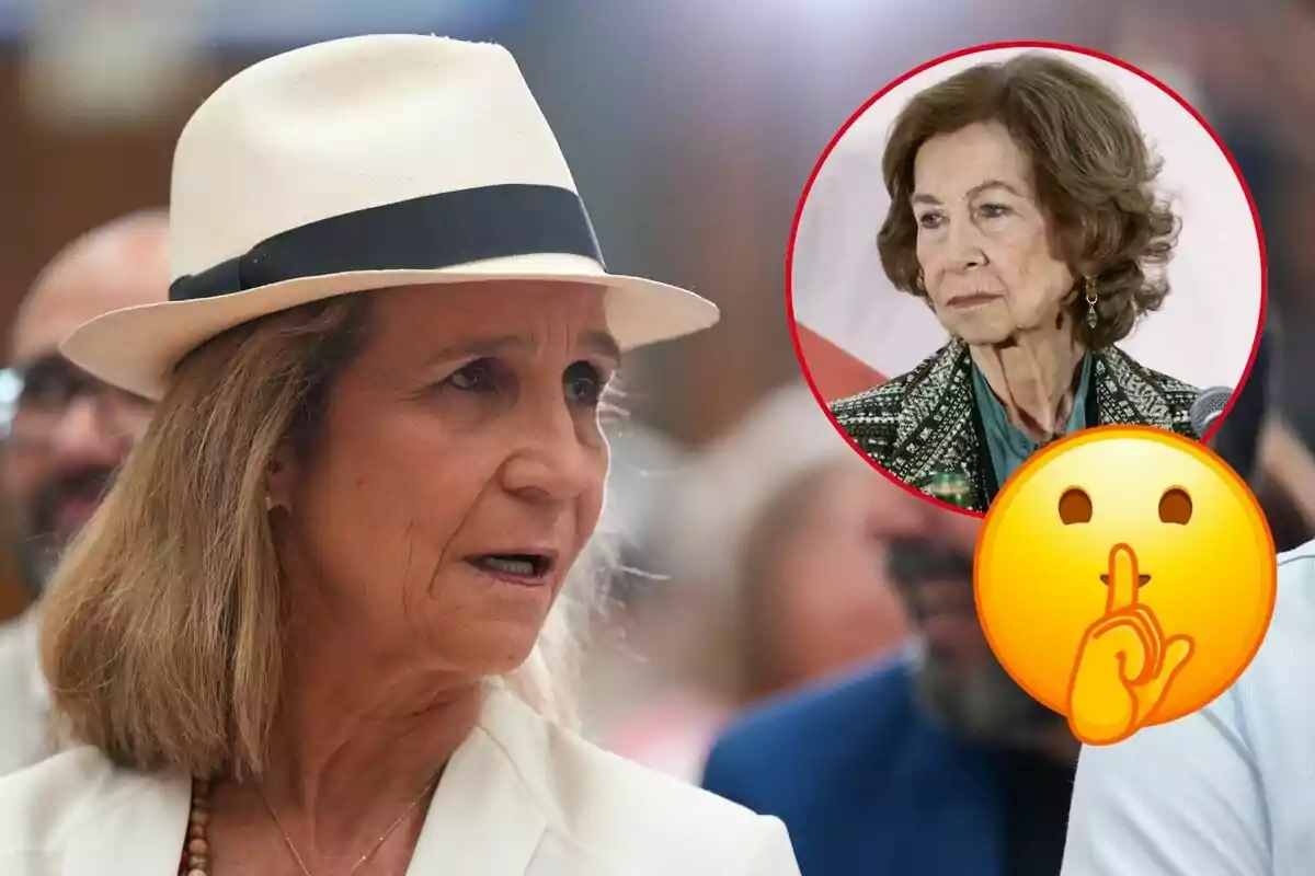 La infanta Elena con sombrero blanco aparece en primer plano, mientras que en la esquina superior derecha hay un círculo rojo con la imagen de la reina Sofía y un emoji de silencio.