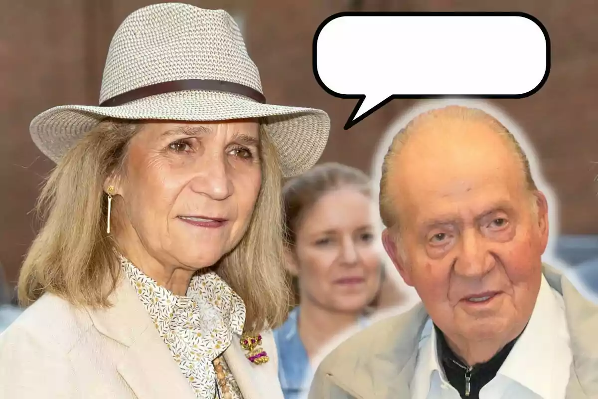 La infanta Elena y Juan Carlos I con una burbuja de diálogo vacía sobre un fondo desenfocado.