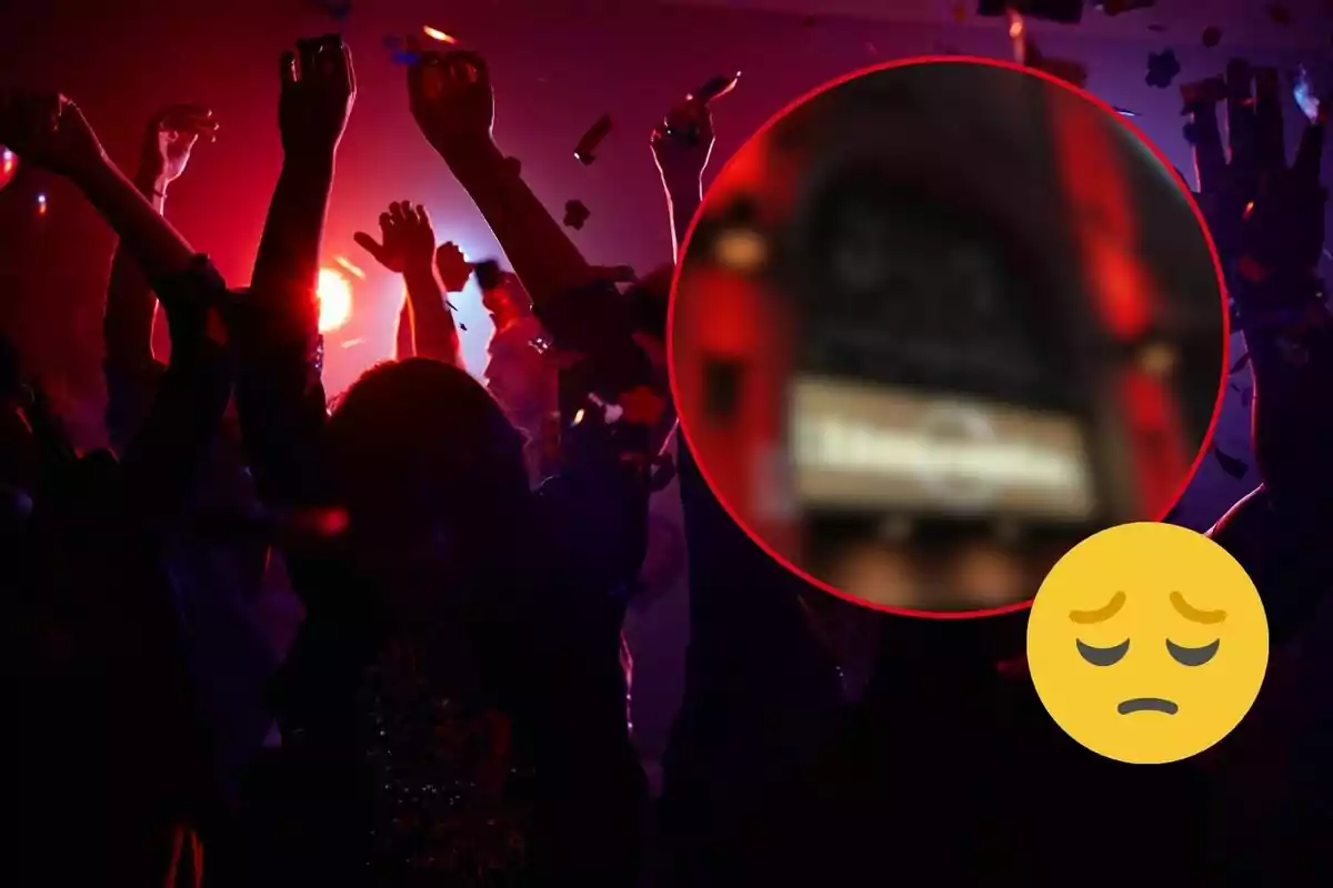 Personas bailando en una fiesta con luces rojas y confeti en el aire, con un emoji de cara triste superpuesto.