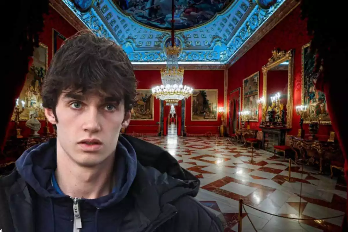 Montaje del interior del Palacio Real y Pablo Urdangarin serio con un abrigo negro