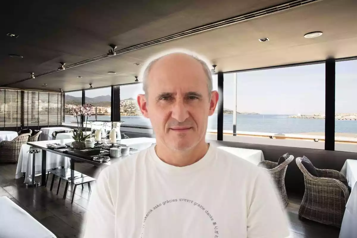 Montaje con el interior del restaurante Miramar y Paco Pérez sonriendo con una camiseta blanca