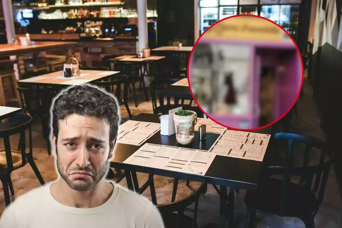 Un hombre con expresión triste en un restaurante vacío con un círculo rojo resaltando un área borrosa en el fondo.