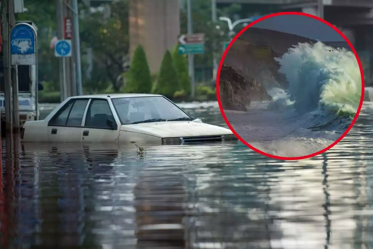 Un coche inundado en la calle, y en el círculo, una ola de grandes dimensiones