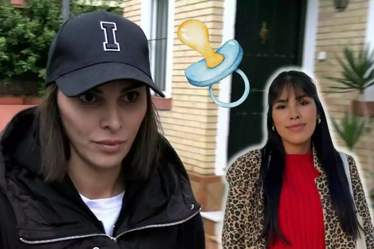 Irene Rosales e Isa Pantoja aparecen en la imagen, una con gorra negra y otra con un abrigo de estampado animal, junto a un chupete ilustrado.