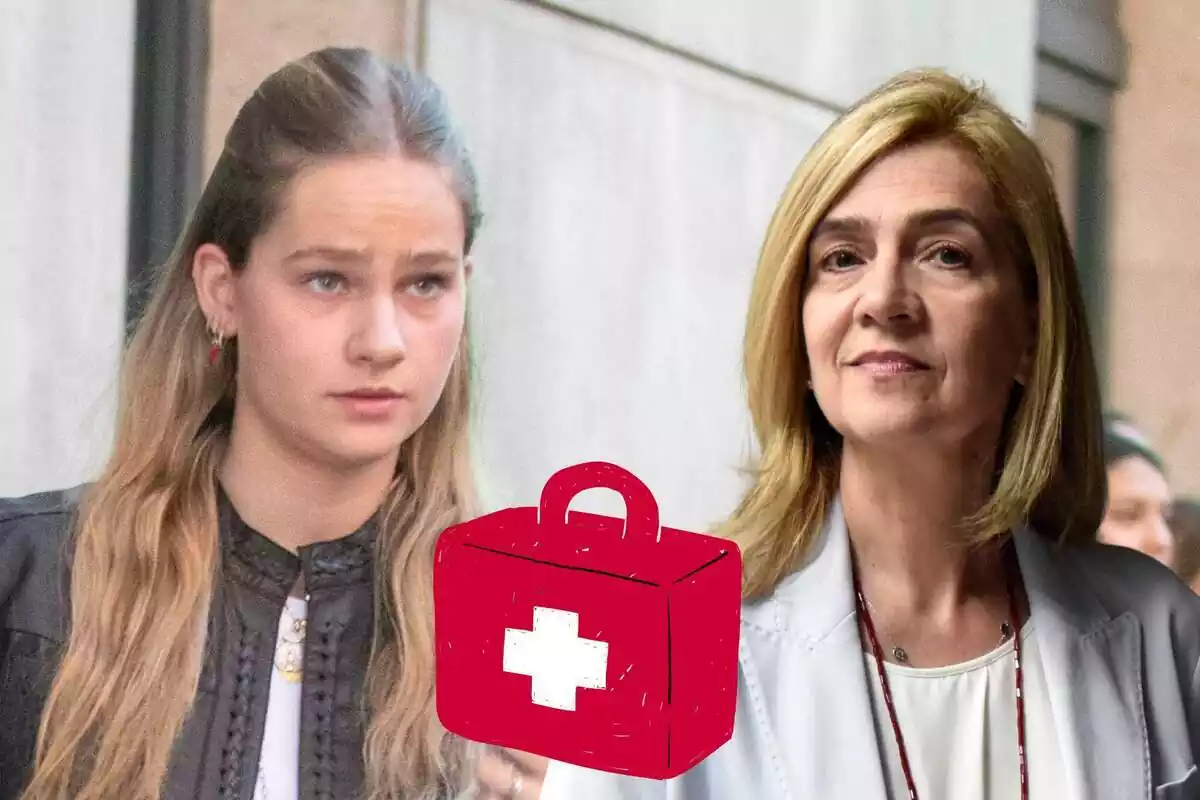 Montaje con Irene Urdangarin con rostro neutro y una chaqueta de cuero, la infanta Cristina sonriendo vestida de blanco y una maleta roja con una cruz blanca