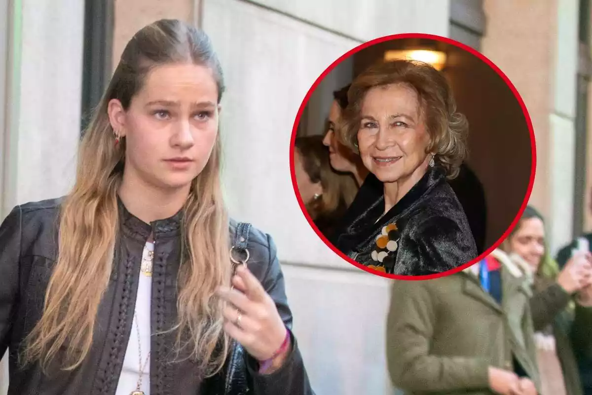 Montaje con Irene Urdangarin seria en la calle con una chaqueta de cuero y la reina Sofía sonriendo