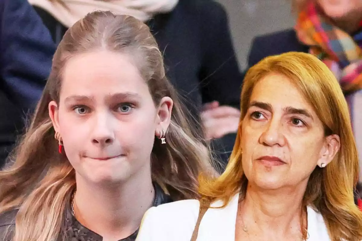 Montaje de Irene Urdangarin con los labios apretados y la infanta Cristina seria