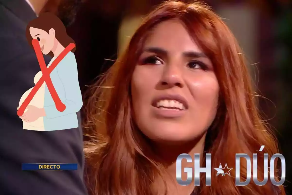 Montaje de Isa Pantoja en 'GH Dúo' hablando con el pelo pelirrojo, el logo del programa, una embarazada y una cruz roja