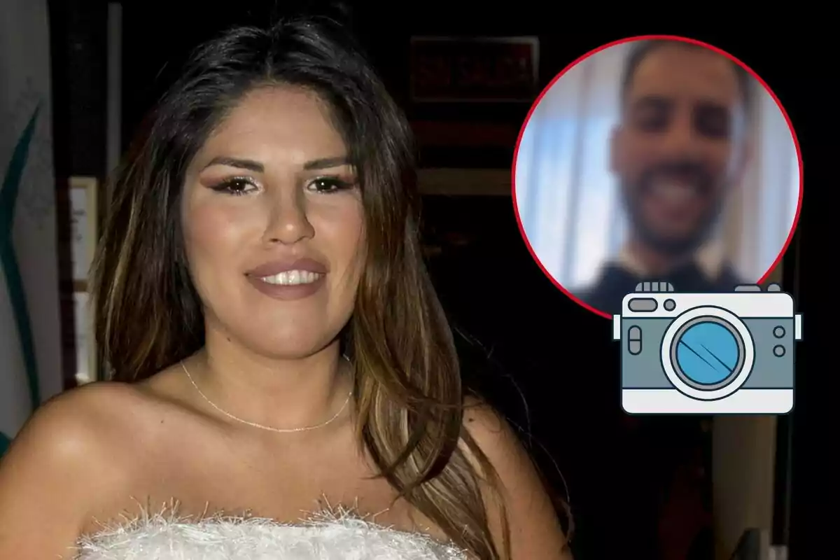 Isa Pantoja sonriente con un vestido blanco y un círculo rojo que muestra una imagen borrosa de un hombre sonriente.