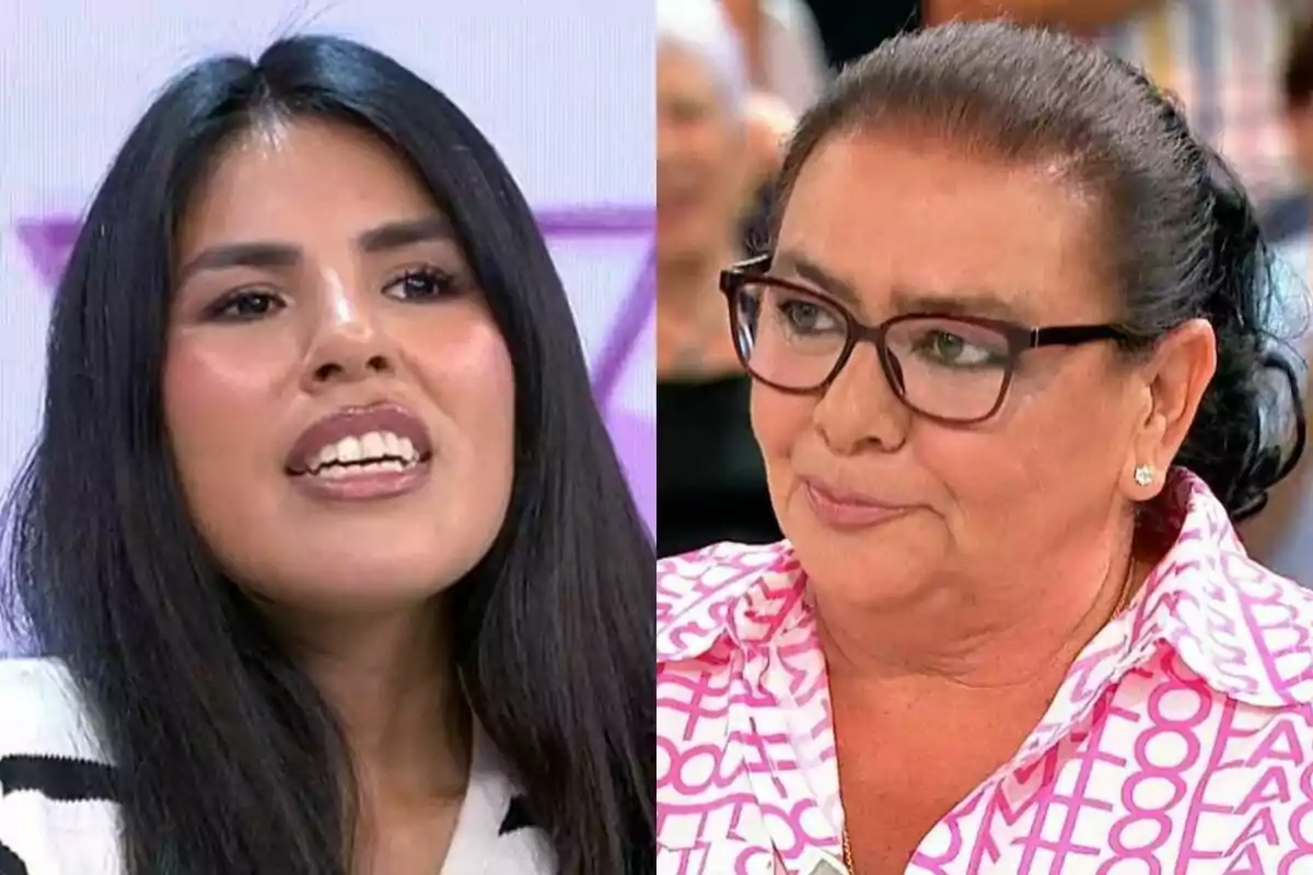 Isa Pantoja con cabello largo y oscuro en Vamos a ver a la izquierda y María del Monte con gafas y cabello recogido en Y ahora Sonsoles a la derecha.