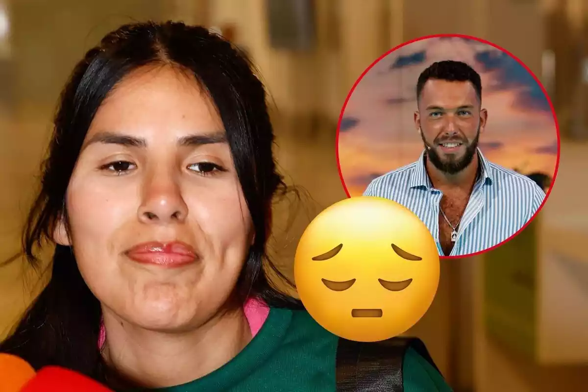 Montaje de Isa Pantoja seria con el pelo recogido, Alberto Isla sonriendo con una camisa de rallas blanca y azul y un emoji triste