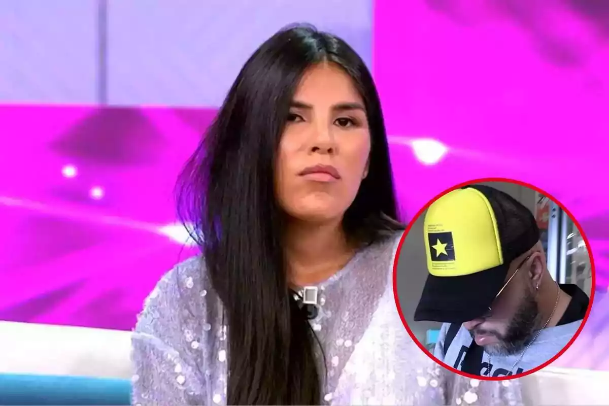 Montaje con Isa Pantoja seria con el pelo a un lado y Kiko Rivera con una gorra y la cabeza baja