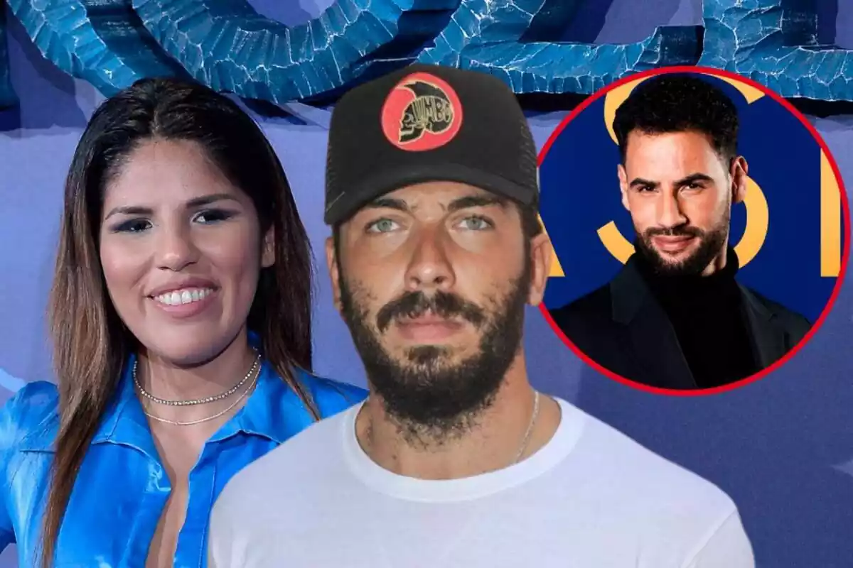 Montaje con Isa Pantoja sonriendo con una camisa azul, Alberto Isla con una gorra negra y Asraf Beno en la foto oficial de 'GH Dúo'