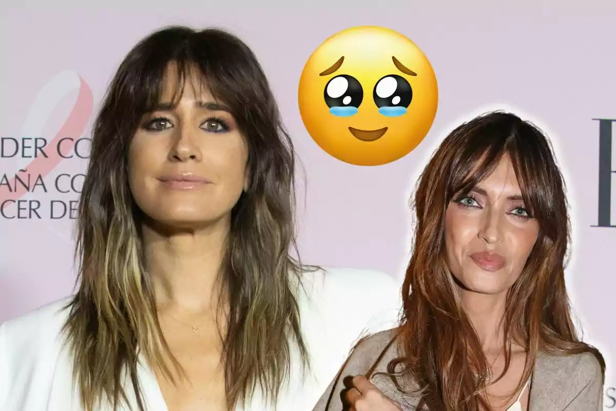 Isabel Jiménez y Sara Carbonero posando juntas frente a un fondo con un lazo rosa y un emoji de carita con ojos brillantes.