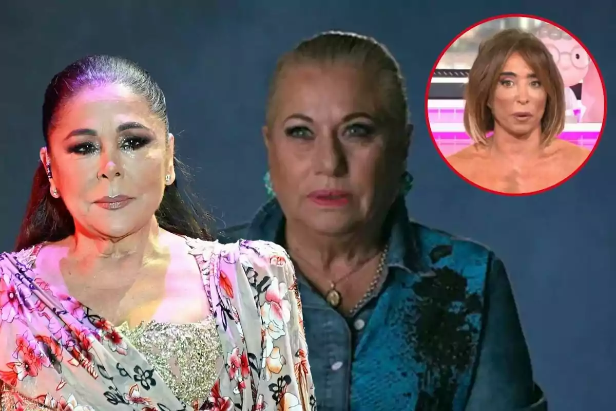 Isabel Pantoja, Mayte Zaldívar y María Patiño en diferentes imágenes, una con un vestido floral, otra con una chaqueta azul y la tercera en un recuadro circular.