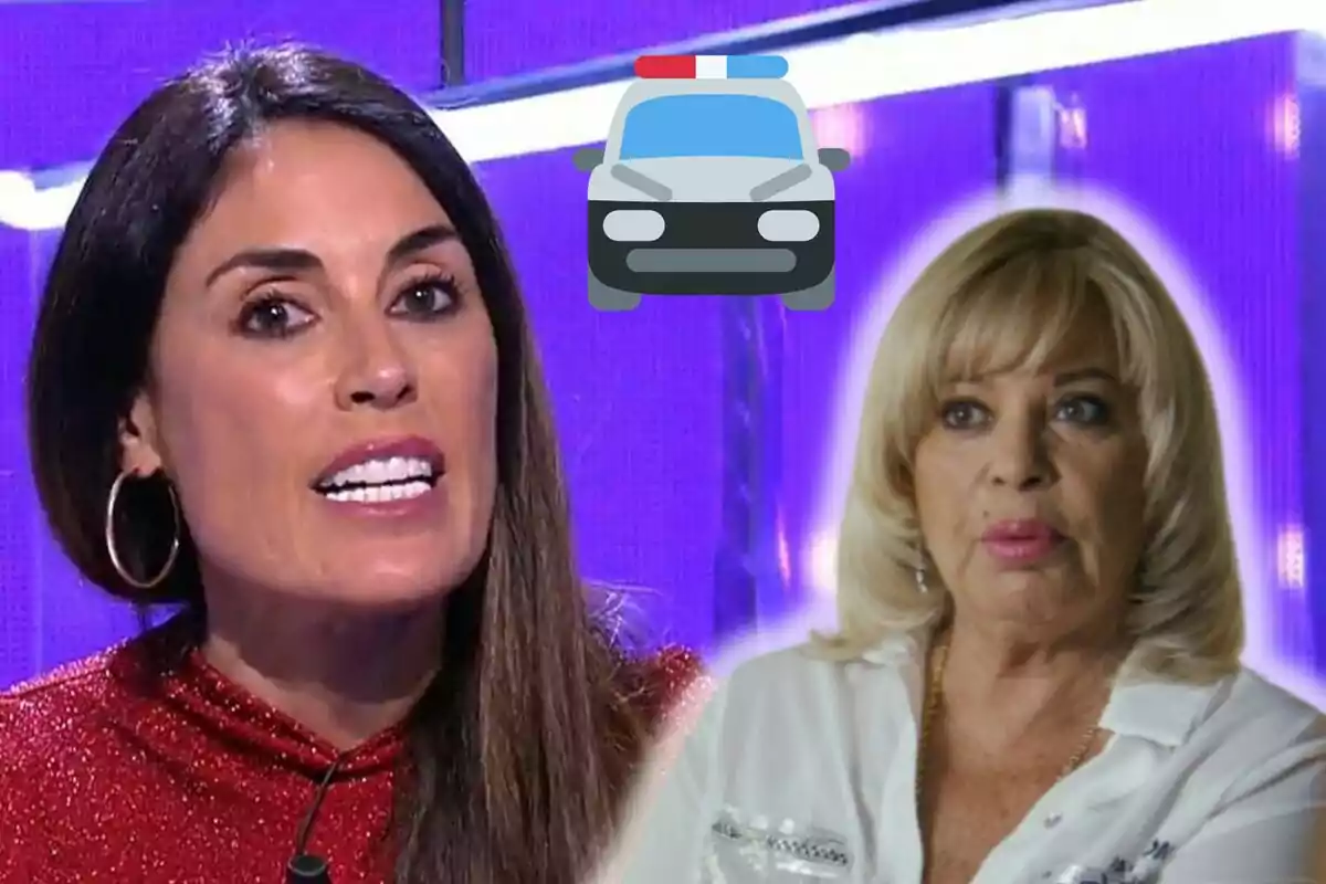 Isabel Rábago y Bárbara Rey en un programa de televisión con un emoji de coche de policía sobre un fondo morado.