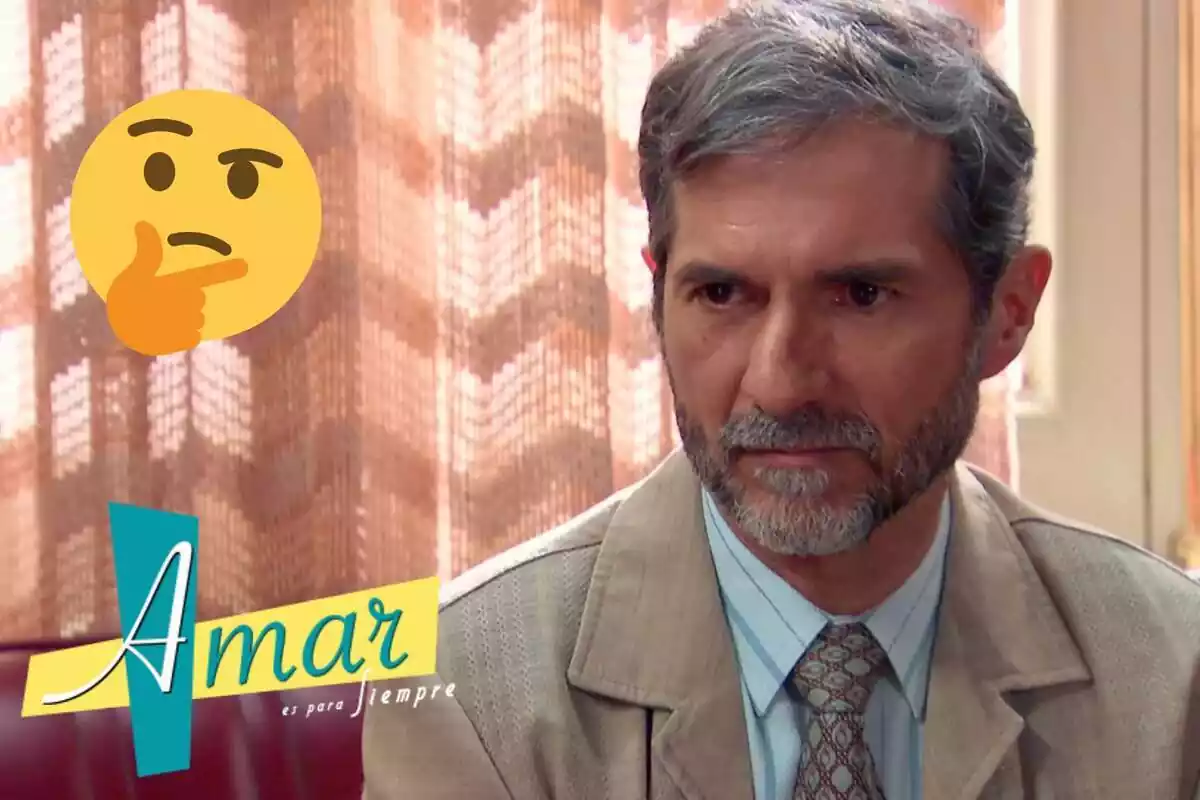 Montaje de 'Amar es para siempre' con Isidro serio, el logo de la serie y un emoji pensando