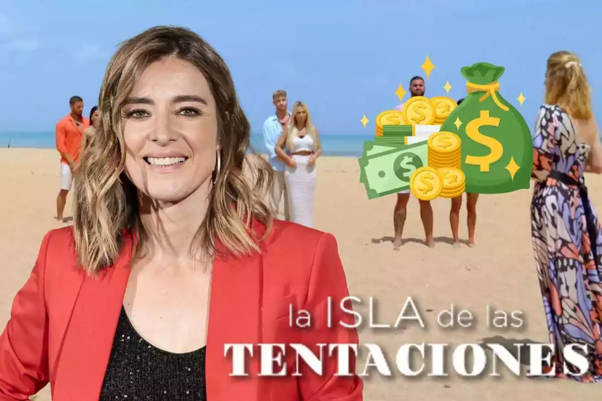 Montaje de las parejas de 'La Isla de las Tentaciones', Sandra Barneda sonriendo, el logo del programa y dinero