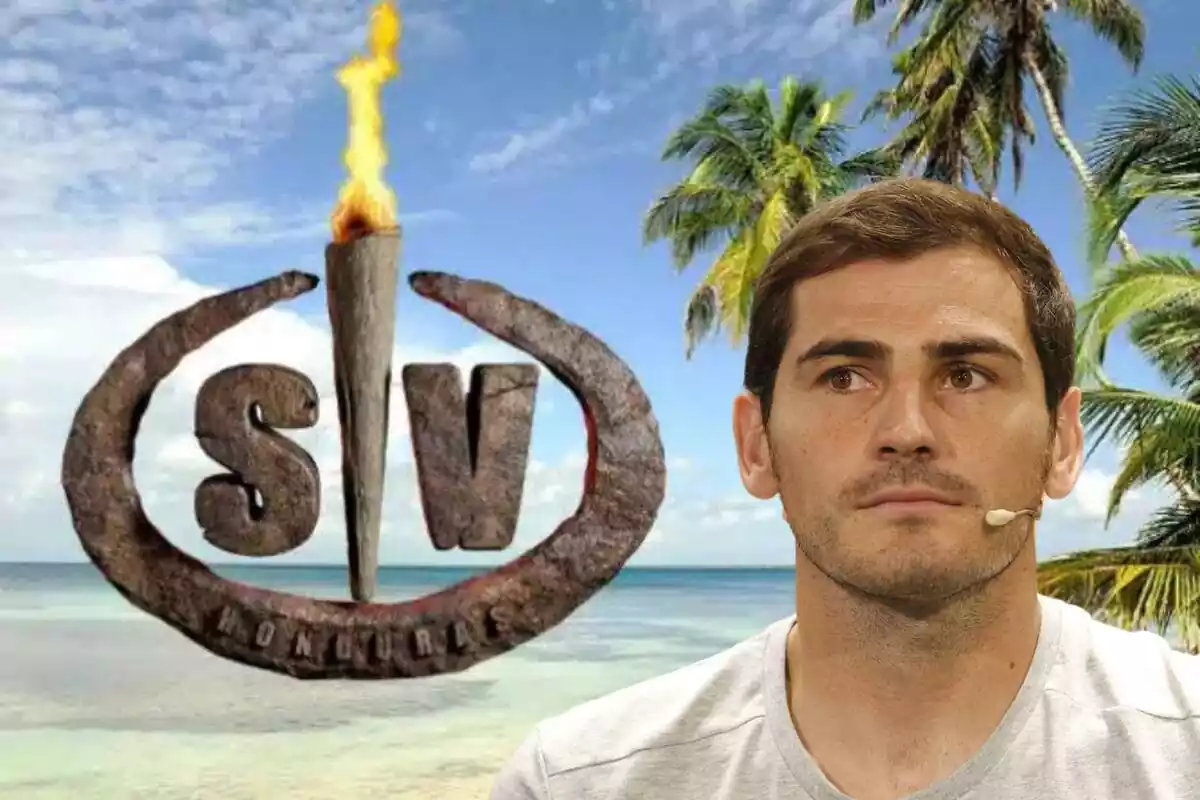 Montaje con una isla y el logo de 'Supervivientes', y Iker Casillas mirando a un lado con un micrófono