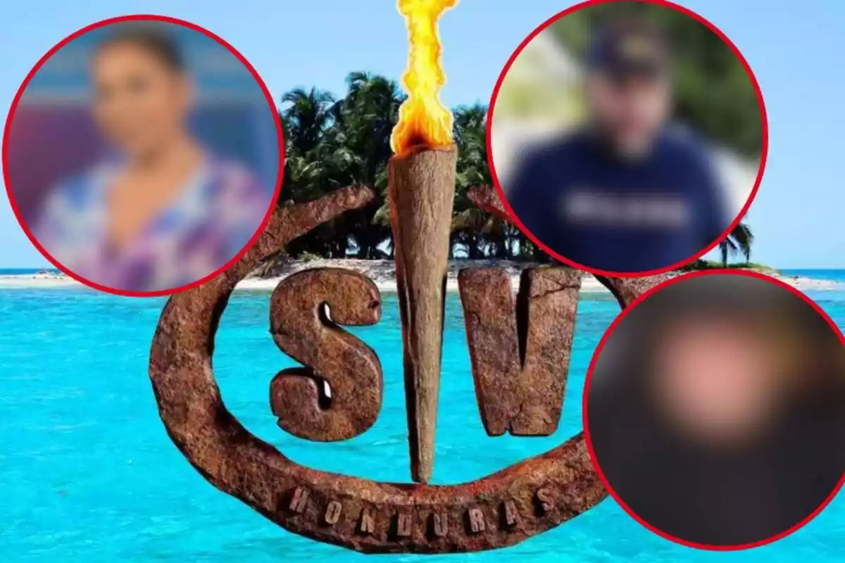 Montaje de una isla y su playa, el logo de 'Supervivientes' e Isabel Pantoja, Kiko Rivera y Amador Mohedano desenfocados