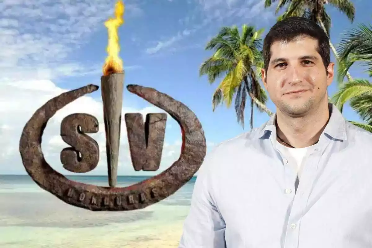 Montaje con una playa en una isla, el logo de 'Supervivientes' y Julián Contreras sonriendo con una camisa azul
