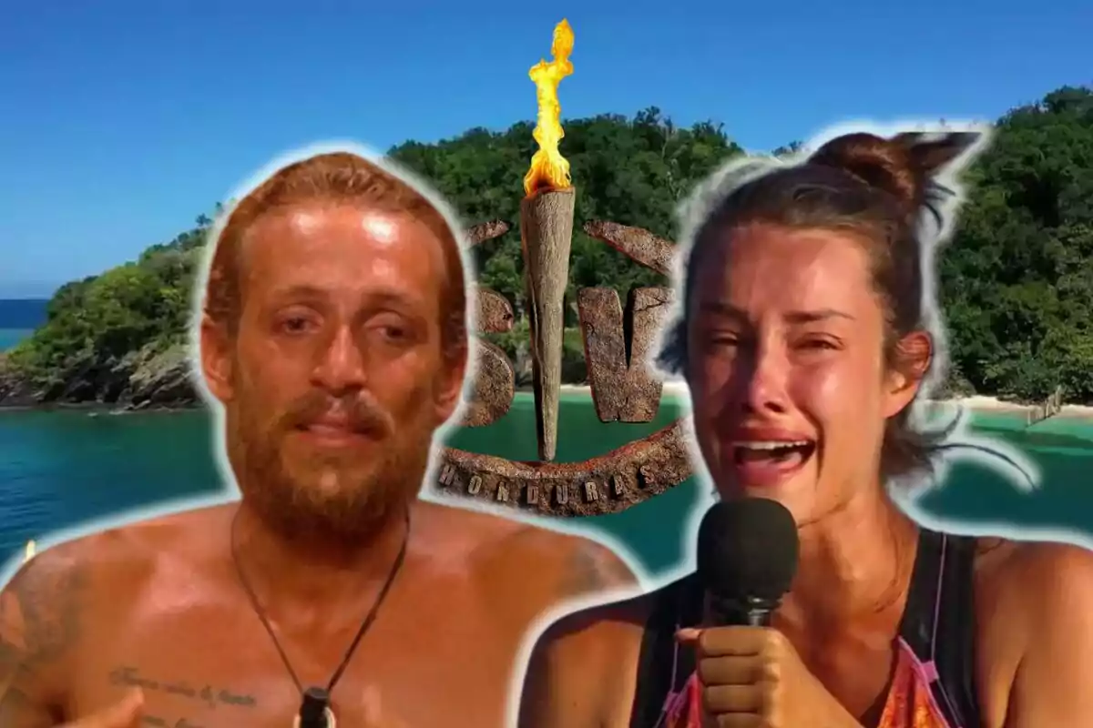 Rubén Torres y Adara Molinero llorando en 'Supervivientes' con un fondo de playa y un logo de antorcha.