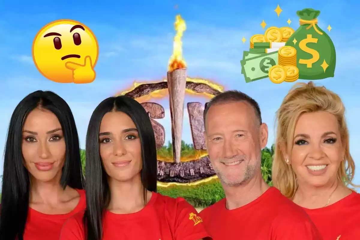 Montaje de una isla y el logo de 'Supervivientes' al fondo, Aurah Ruiz, Claudia Martínez, Pedro Aguado y Carmen Borrego en su foto oficial, un emoji pensando y dinero