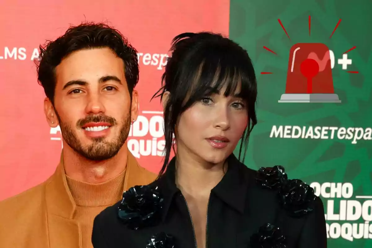 Iván González y Aitana posando frente a un fondo con logotipos y un ícono de sirena roja.