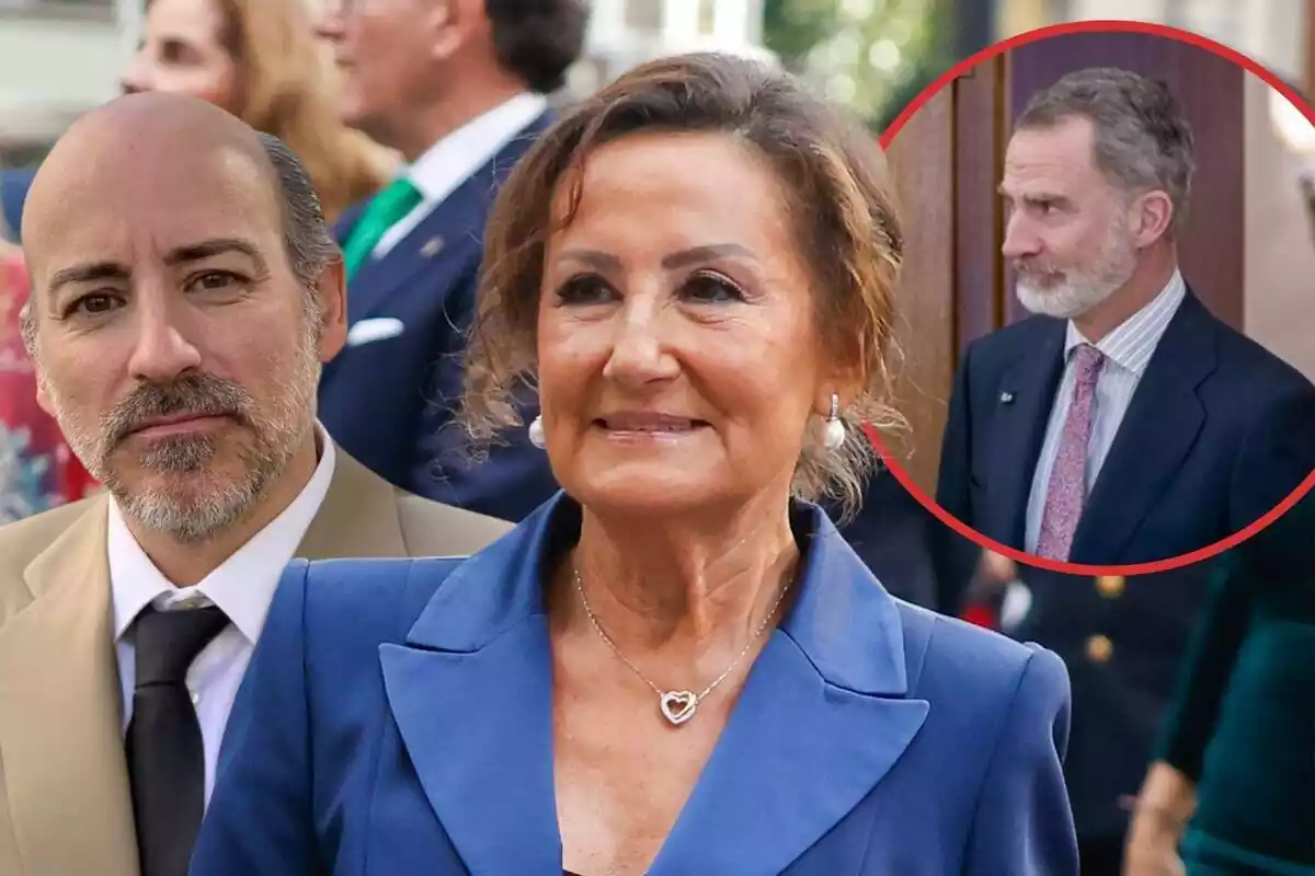 Montaje con Jaime del Burgo con rostro neutro y traje marrón con corbata negra, Paloma Rocasolano sonriendo con traje azul y Felipe VI con una corbata de colores