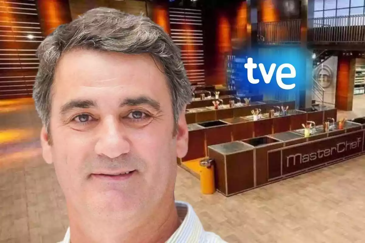 Montaje de Jesulín de Ubrique con las cocinas de 'Masterchef' de fondo y el logo de TVE