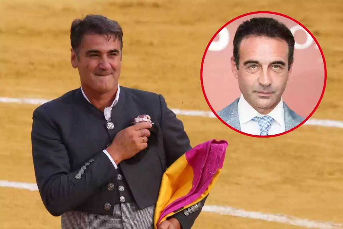 Jesulín de Ubrique en un traje de torero sosteniendo un capote en una plaza de toros con un retrato de Enrique Ponce en un círculo rojo superpuesto.