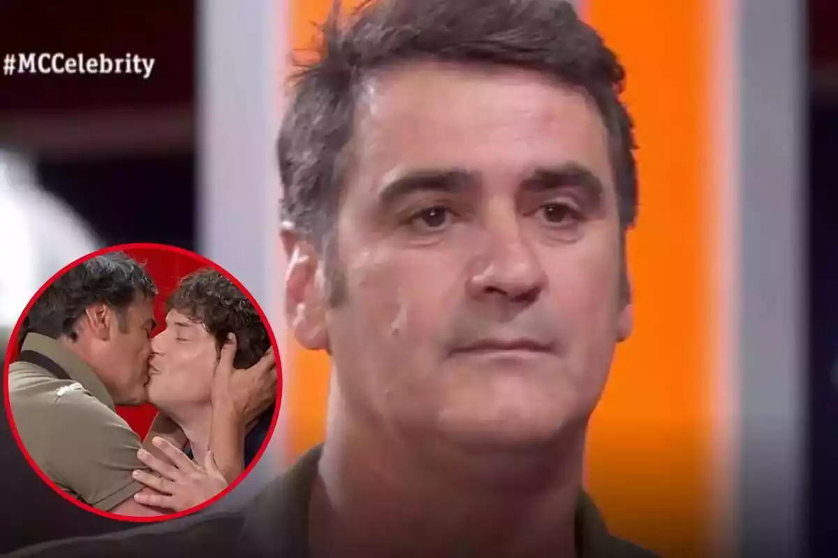 Montaje de Jesulín de Ubrique serio en 'Masterchef' y una imagen besando a Jordi Cruz