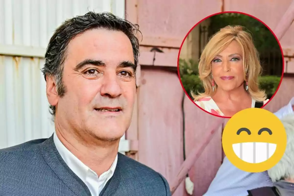 Jesulín de Ubrique con cabello oscuro y canoso, vestido con una camisa blanca y un saco gris, aparece en primer plano, mientras que en la esquina superior derecha hay un círculo rojo con la imagen de Lydia Lozano sonriendo y un emoji sonriente cubriendo parcialmente la imagen.