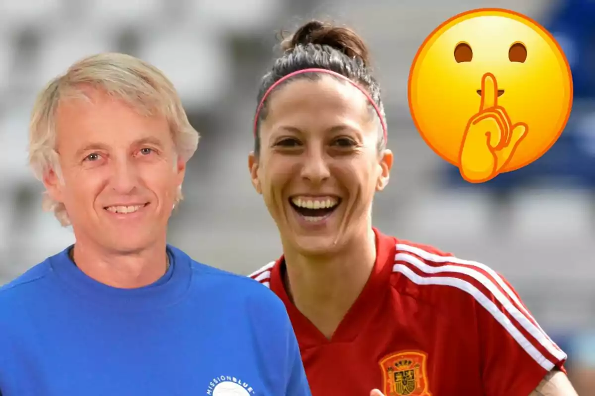 Jesús Calleja y Jennifer Hermoso sonrientes, Jesús con camiseta azul y Jennifer con camiseta roja de la selección española de fútbol, junto a un emoji de silencio.