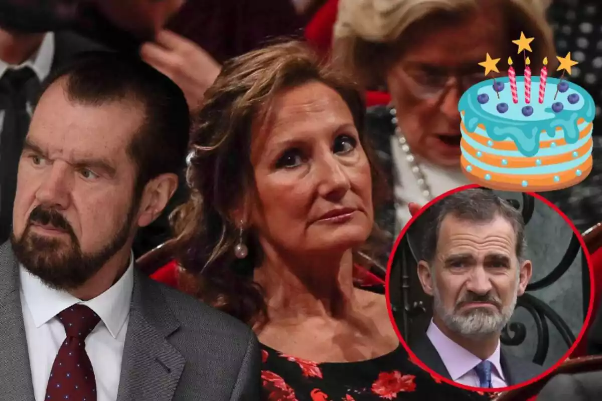 Montaje con Jesús Ortiz serio en traje, Paloma Rocasolano seria con un vestido de flores, Felipe con cara de asco y una tarta de cumpleaños