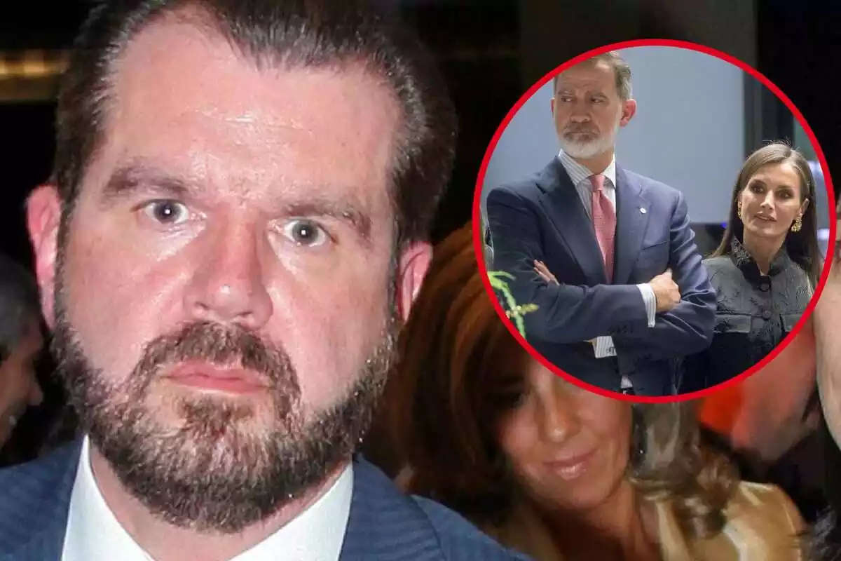 Montaje de Jesús Ortiz serio y Felipe VI de brazos cruzados mirando a un lado junto a Letizia con una camisa negra