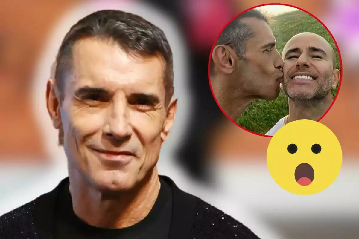 Jesús Vázquez sonriente con una imagen superpuesta de él y Roberto Cortés compartiendo un momento afectuoso y un emoji sorprendido.