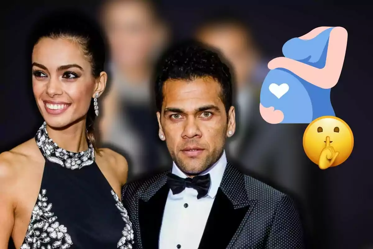 Joana Sanz y Dani Alves elegantemente vestida posando, con un dibujo de una mujer embarazada y un emoji de silencio en la esquina superior derecha.