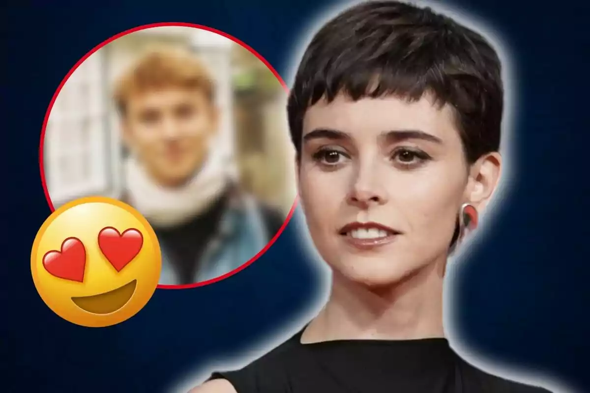 Una persona con cabello corto y oscuro aparece en primer plano mientras que en el fondo hay un círculo con una imagen borrosa de otra persona y un emoji de cara con corazones.