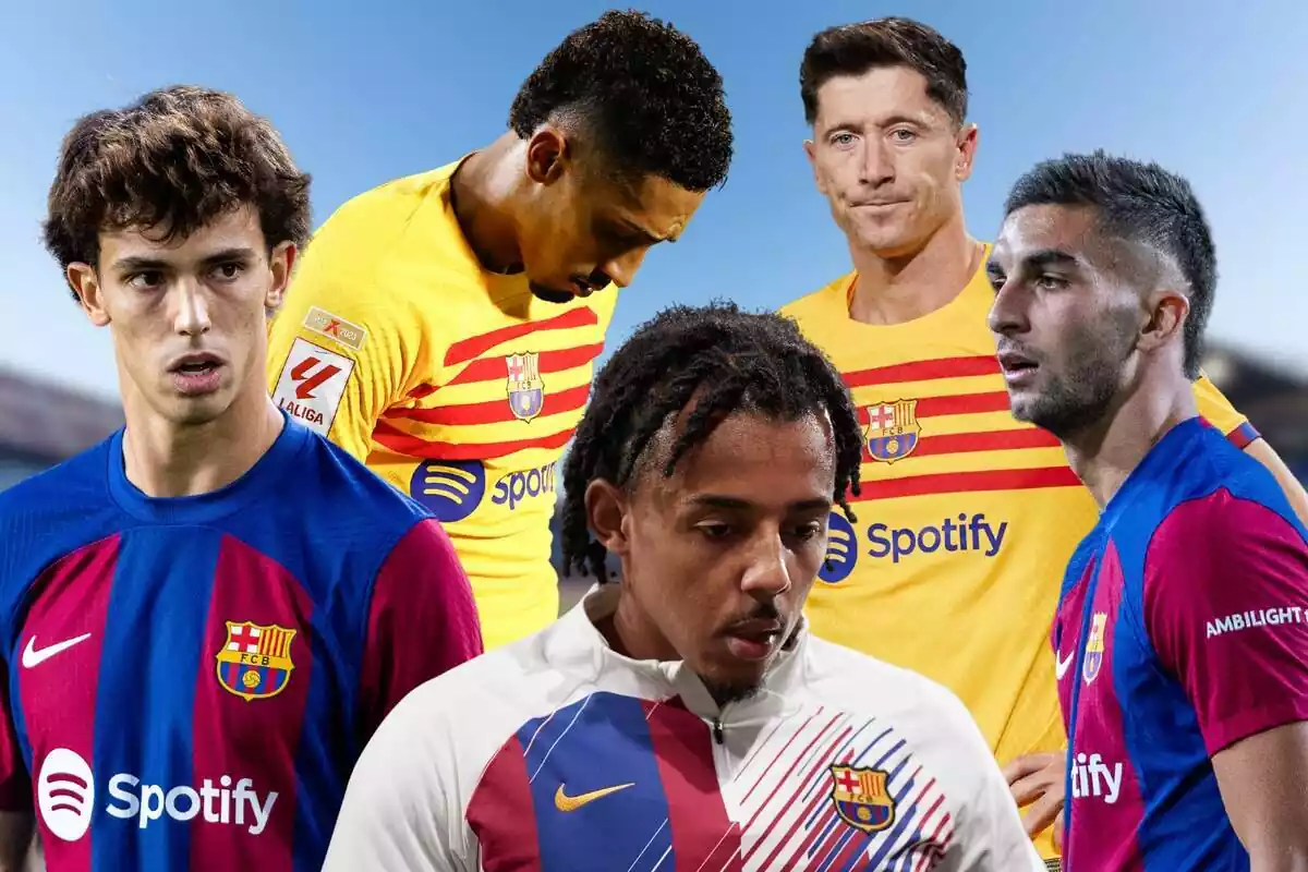Montaje de futbolistas del FC Barcelona: Joao Felix, Raphinha, Koundé, Lewandowski y Ferran Torres