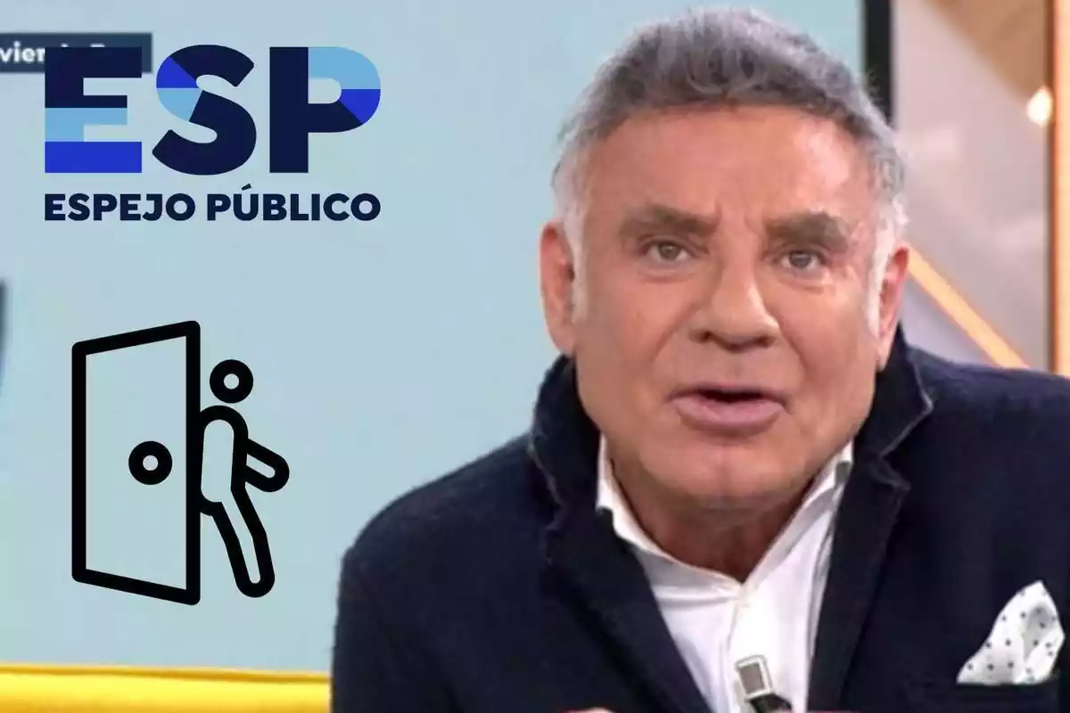 Montaje de Joaquín Torres enfadado en 'Espejo Publico', el logo del programa y un emoji de una puerta con alguien saliendo