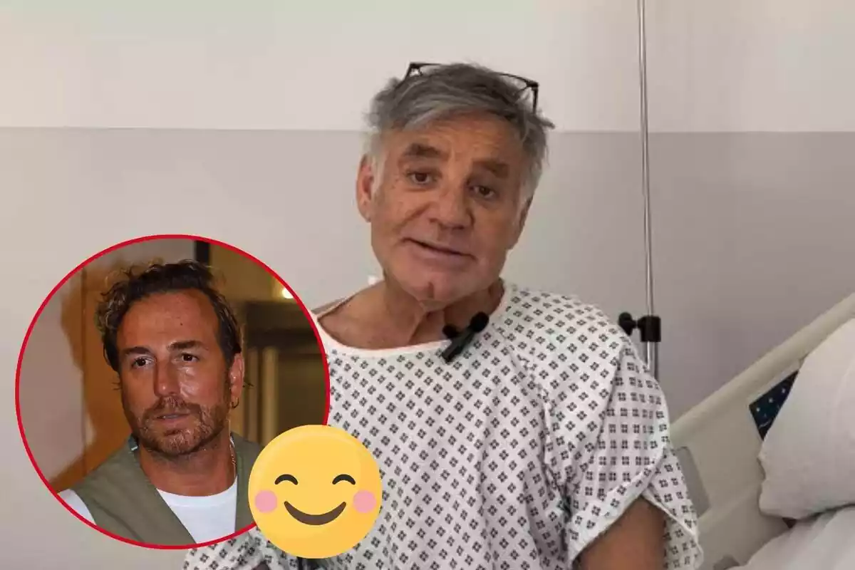 Montaje de Joaquín Torres hablando con una bata de hospital, Raúl Prieto serio con chaleco marrón y un emoji feliz
