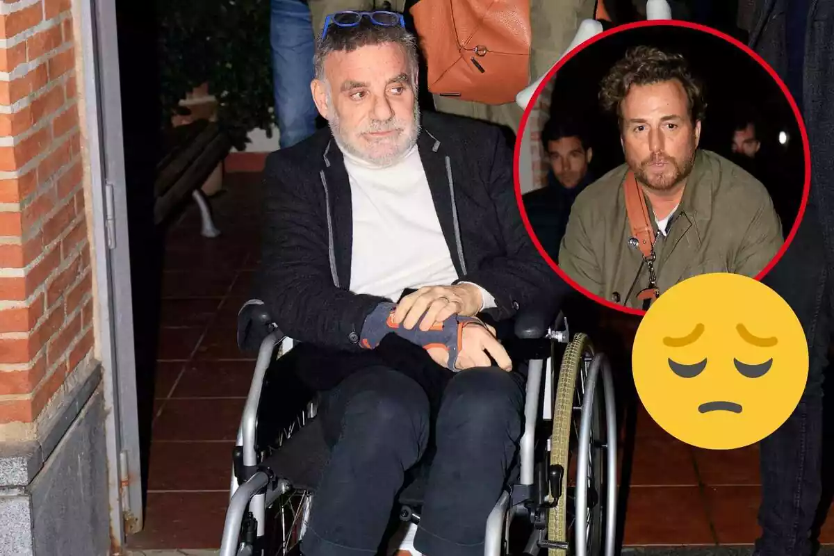 Montaje de Joaquín Torres en silla de ruedas y con las gafas en la cabeza, Raúl Prieto serio y un emoji triste