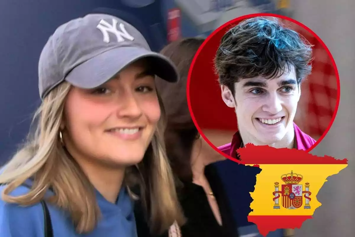Montaje de Johanna Zott sonriendo con una gorra gris, Pablo Urdangarin sonriendo mirando a un lado y la silueta de España con su bandera